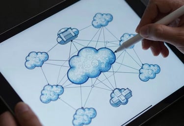 A close-up of a digital tablet showing a complex architectural diagram of a cloud network, professional hands using a stylus, technical blue light.