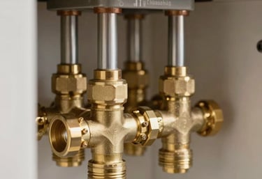 High-quality close-up of underfloor heating manifold and shiny brass valves showing clean professional heating plumbing inside a modern home in Tekirdağ / Thrace, Turkey.