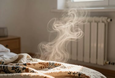 A cozy, bright living room radiator with warm air waves artistically suggested through soft-focus golden sunlight on a decorative wool blanket in Tekirdağ / Thrace, Turkey.