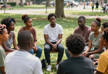 A diverse group of black people gathered outdoors, sharing stories and support in a sunny park.