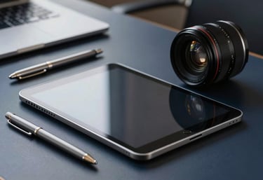A close-up of a sleek tablet and high-end stationery on a dark navy desk in a North American / US executive suite.