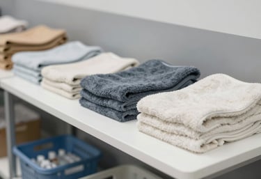 A neatly organized donation station at an animal shelter with blankets, food, and medicine, clean and professional, using palette colors #A4BBAA and #F4F6F4.