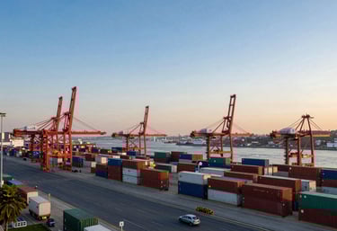 A view of a busy international cargo terminal in a North American / Global Turkish port city at sunset. The sky is Soft Steel Blue, highlighting the scale of global trade operations.