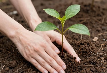 Close-up white hands planting a small tree in nutritious soil