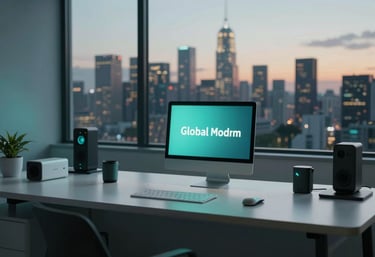 A minimalist workspace at dusk with a view of a smart city skyline, featuring modern tech devices and soft teal lighting, Global / Modern.