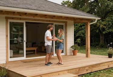 A happy homeowner reviewing financing options with a friendly advisor in a cozy office.