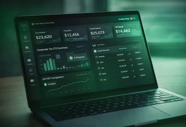 Cloud accounting dashboard showing corporate tax (T2), GST/HST compliance and payroll management in a digital system