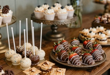 A softly lit vintage-inspired dessert table adorned with blush pink accents and delicate gold outlines.