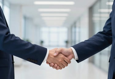 Two professionals in suits shaking hands in a bright, modern corridor. The focus is on the handshake, symbolizing agreement and trust. Colors: #3A506B, #8DA9C4, #E0E8F0.