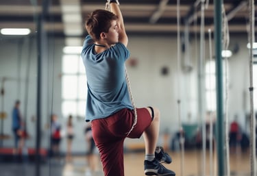 A group of smiling kids high-fiving in a bright gym space filled with colorful equipment.