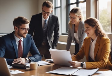 A warm, professional team of attorneys in a bright office discussing case details with a client.