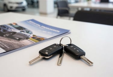 A set of car keys lying on a clean white table next to a new car brochure in a brightly lit Brazilian dealership, professional and aspirational mood.