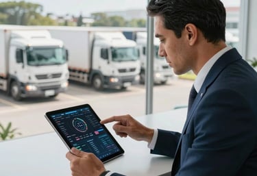 A South American logistics manager in professional attire reviewing a digital dashboard on a tablet in a bright, modern office overlooking a truck fleet.