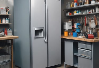 A close-up of a white appliance with a glowing orange indicator light next to a switch marked with 'I' and 'O'. The appliance is situated on a metallic surface.