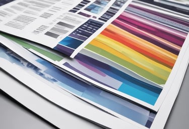 Stacks of freshly printed flyers and posters with glossy, professional finishes.