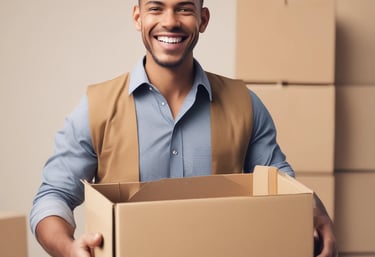 A person is maneuvering a hand truck loaded with large boxes on a street. The individual is dressed casually and appears to be delivering or transporting the parcels. A white van is parked nearby, partially blocking the road. The surroundings include an old, weathered building with a red, peeling wall and a decorative blue door.