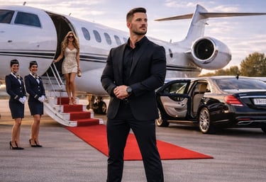 Professional executive security guard standing by a private jet and luxury limousine on a red carpet.