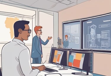 Three people are standing in front of a backdrop with Microsoft branding and the text 'Cloud stories from Norway.' Each person is positioned behind a tall round table. One table has a laptop covered in various tech-related stickers. The setting appears to be a professional or tech-related event with lights on either side.