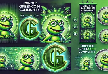 A vibrant and futuristic GreenCoin banner featuring a sleek, eco-friendly design. The artwork highli