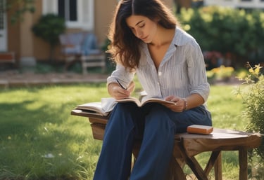 A woman writing in a journal surrounded by nature.