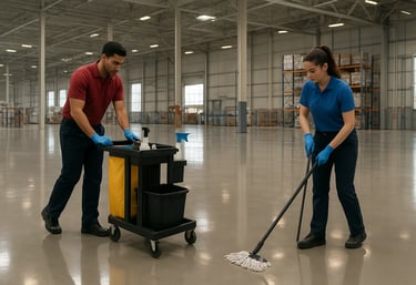 Staff do Professional commercial cleaning services in open-plan warehouses and industrial spaces