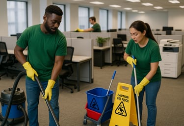 staff performing a deep clean of an open plan office. Top cleaning commercial cleaning services