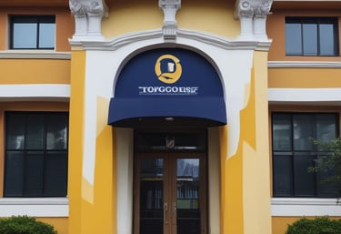 A blue sign with gold letters in both a local language and English, advertising a foreign language specialized school. The sign is situated outside a building surrounded by trees and lit by natural sunlight.