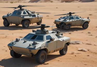 A rugged autonomous robot navigating a challenging terrain in a military setting.