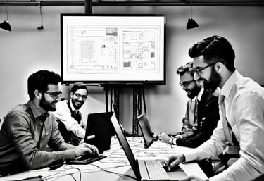 a group of men sitting around a table with laptops