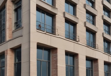 a man riding a skateboard down a street next to tall buildings