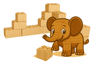 Ein comicartiger Elefant steht vor einem Haufen Baldauf-Holzbausteine