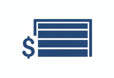 1 color graphic (blue) of a garage door and a "$" sign to represent the cost of a new garage door
