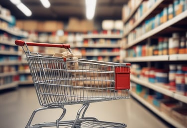 A diverse range of wholesale products displayed on shelves in a well-organized warehouse.
