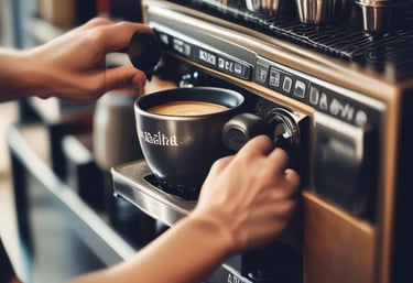 A barista preparing a cup of coffee in a warm, inviting coffee shop setting.