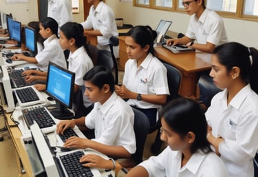 A diverse group of students engaged in a computer training session in a bright classroom.