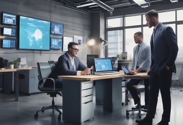 A person is typing on a silver laptop with a screen displaying text about designing digital solutions for big customers. Nearby, there is a black smartphone and white earphones placed on the desk. The person's sleeves are light blue, suggesting a casual attire.