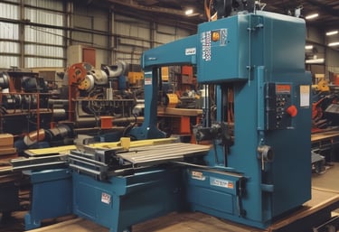 A close-up view of an industrial circular saw in motion, cutting through metal or a similar material, producing sparks that fly in various directions. The saw is predominantly orange and appears to be weathered. The surrounding area has a gritty, construction-like environment with scattered debris.