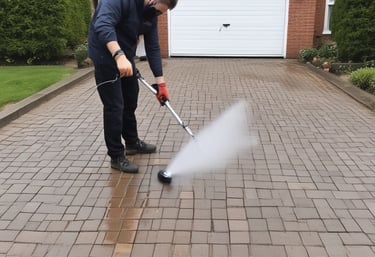 A person is suspended outside a tall building, cleaning a large window. The silhouette of the person, wearing a safety harness and a hard hat, is clearly visible against the blue sky. The person holds a bucket in one hand while cleaning the glass surface.