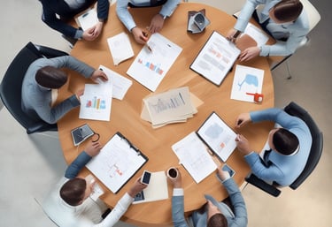 An image showcasing a modern office environment with teams collaborating on digital projects.