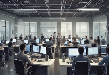 A team of diverse professionals collaborating around a table with documents and a laptop.