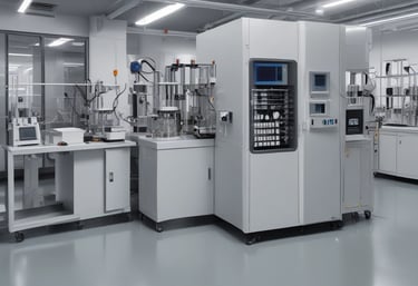 A medical device is positioned against a plain background. The machine features a screen displaying various icons and controls, likely for diagnostic purposes, and an apparatus for eye examination.