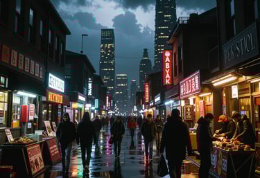 Image of a dystopian night city marketplace render.