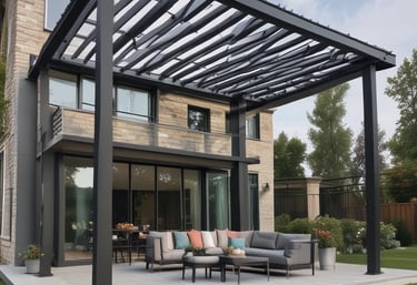 A wooden pergola structure with large beams and columns is surrounded by greenery. The pergola has open slats at the top, allowing sunlight to filter through. Concrete steps lead up to the pergola, and metal railings are fixed to the sides. Trees and bushes fill the background.