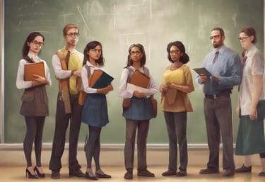 a group of teachers holding books in front of a blackboard