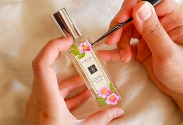 Bottle painting on Jo Malone perfume bottle by Handwritten by Belle.