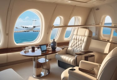 A sleek, modern private jet with an open hatch is parked inside a hangar. Visible through the hatch is a luxurious interior featuring a quilted leather seat. The exterior is silver with blue stripes, and the tail number HB-FXK can be seen on the fuselage.