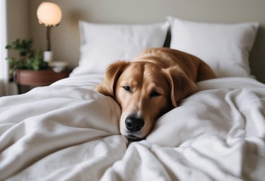 Two cats are sleeping in round pet beds on a tiled floor. One cat is white with gray patches, while the other is white with black patches. The beds are blue with a paw-print design on the edges.