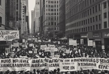 A large crowd gathers in an urban setting, with people holding signs and banners advocating for political causes. The backdrop includes modern and historical buildings under a clear blue sky. Trees are visible, adding a touch of nature to the city environment.