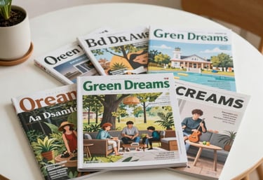 A vibrant display of Green Dreams' magazine covers arranged in a colorful grid.