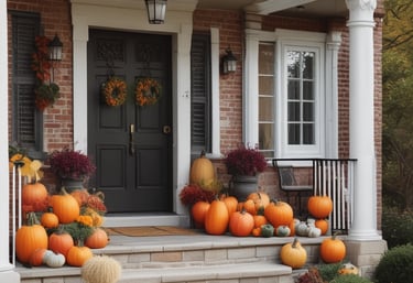 a porch with pumpkins and flowers on the steps